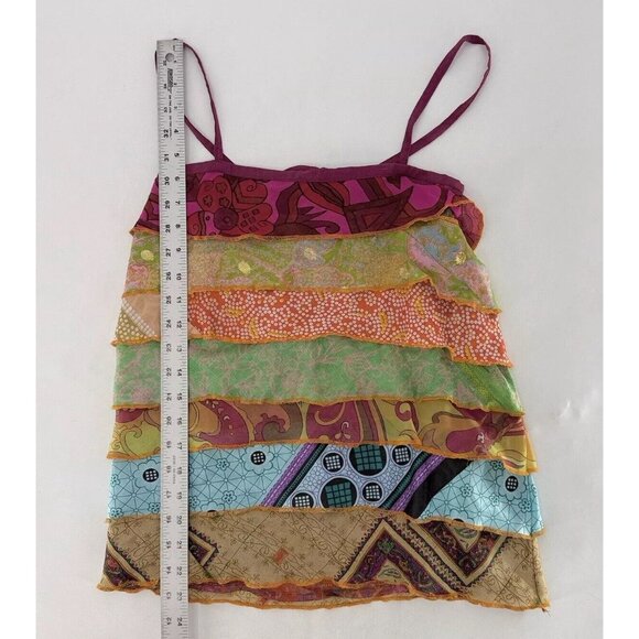 Silly Yeti 100% Silk Tiered Boho  Tie Back Sleeveless Blouse See Measurements - Picture 8 of 9